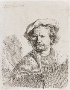 Auto retrato com boina e roupa bordada, feita em 1642, água-forte, de Rembrandt Van Rijn